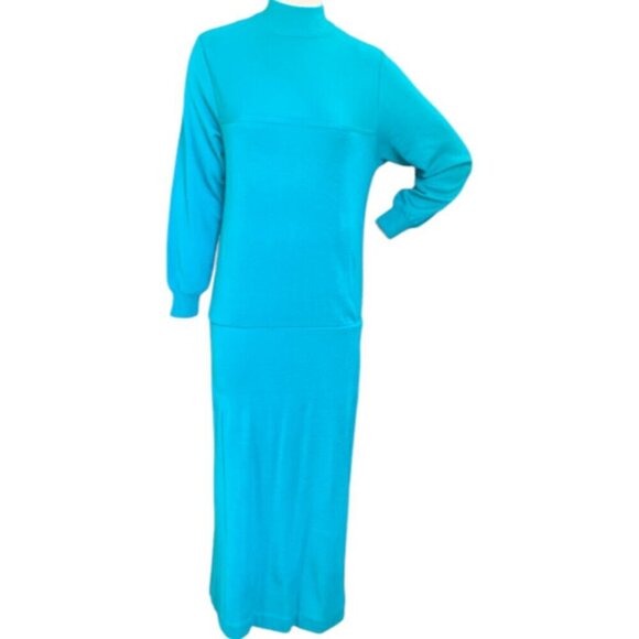 VTG 70s Schrader Knit Dress Long Sleeve Mock Neck Teal Green Sz 8 #87i - Picture 2 of 7